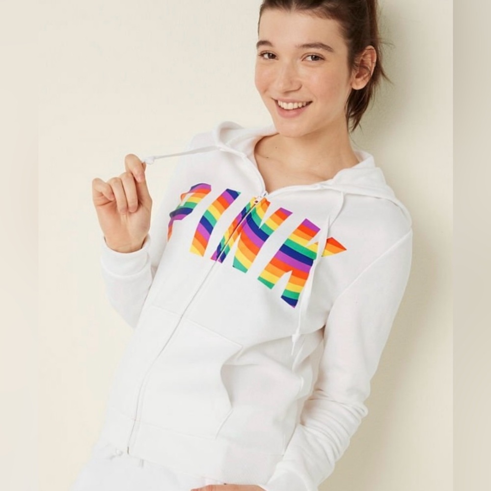 🌈NWT VS PINK RAINBOW WHITE MATCHING SET ZIP UP HOODIE / JOGGERS SIZE MEDIUM! HTF - Picture 8 of 16